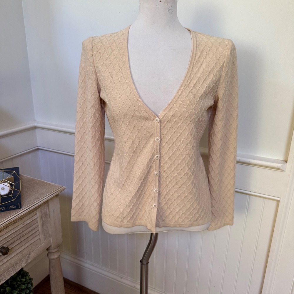 St John Collection Beige Diamond Quilted Knit V-Neck Cardigan Sweater Petite P